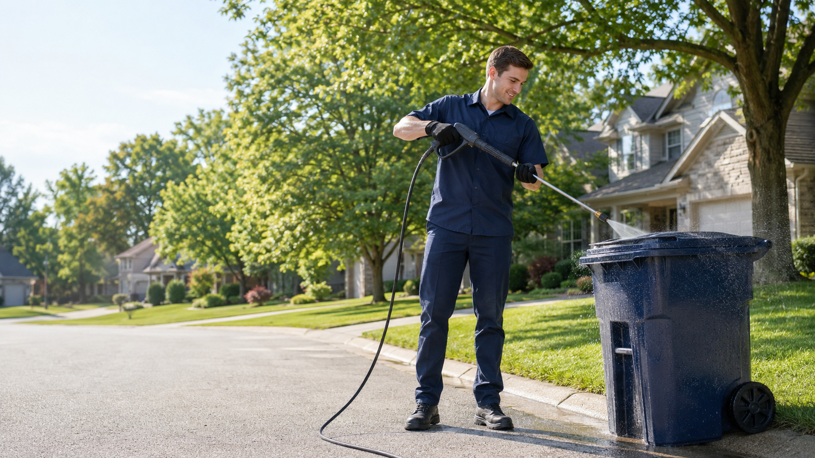 Bin Blasters KC technician cleaning a trash can